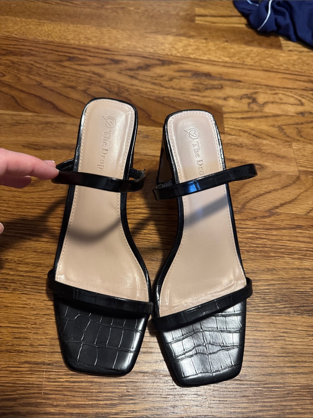 The Drop Black Croc-Embossed Square-Toe Double Strap Heeled Sandals